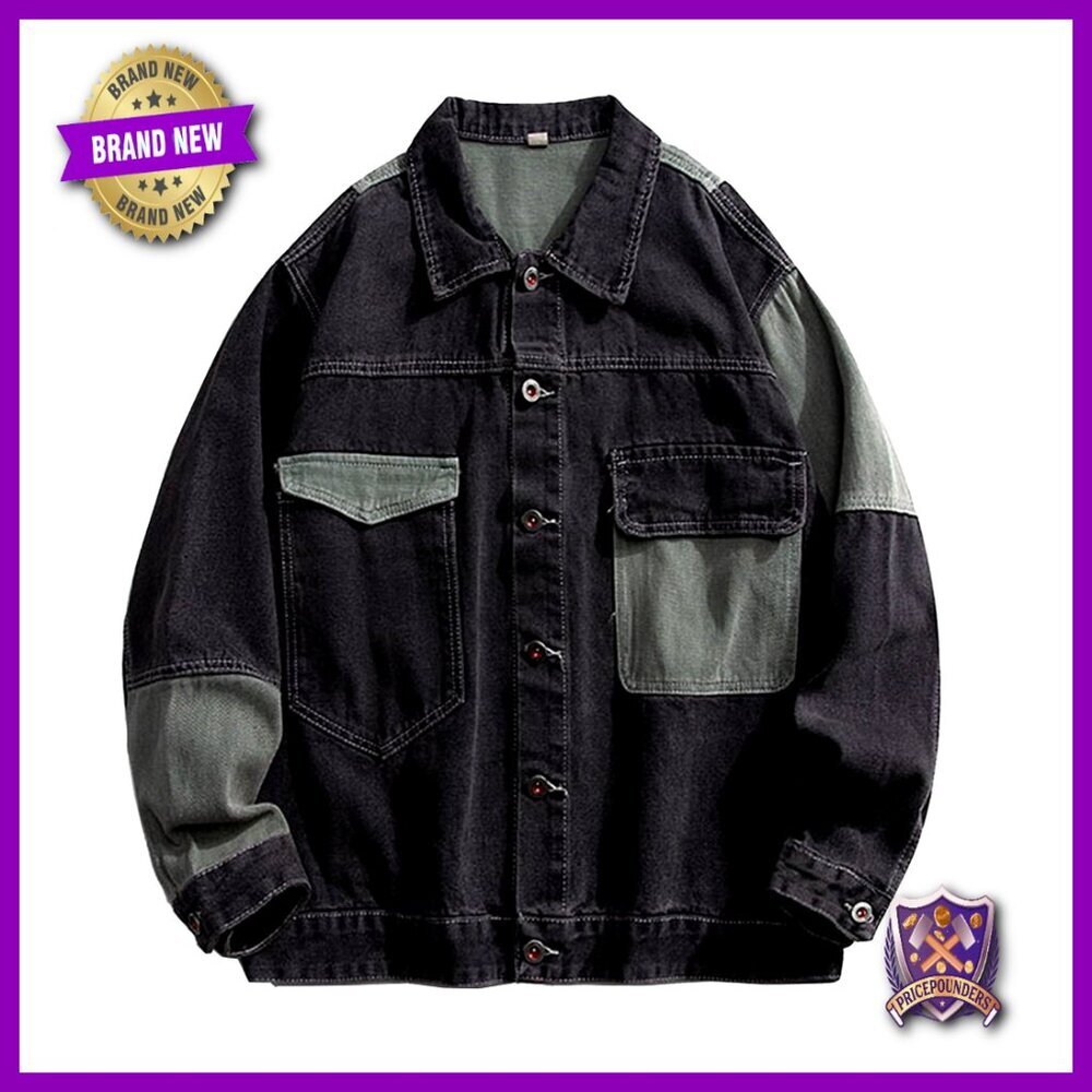 Patchwork Denim Jacket Oversized Y2K Retro Classic Button Down Coat Mens